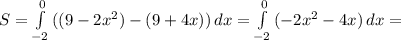 S= \int\limits^0_{-2} {((9-2x^2)-(9+4x))} \, dx = \int\limits^0_{-2} {(-2x^2-4x)} \, dx =