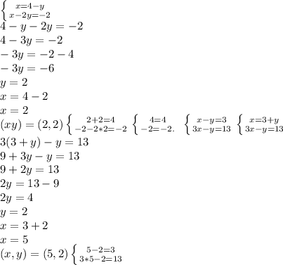 \left \{ {{x=4-y} \atop {x-2y=-2}} \right. \\ 4-y-2y=-2 \\ 4-3y=-2 \\ -3y=-2-4 \\ -3y=-6 \\ y=2 \\ x=4-2 \\ x=2 \\ (x y)=(2 , 2) \left \{ {{2+2=4 \atop {-2-2*2=-2}} \right. \left \{ {{4=4} \atop {-2=-2.}} \right.\ \left \{ {{x-y=3} \atop {3x-y=13}} \right. \left \{ {{x=3+y} \atop {3x-y=13}} \right. \\ 3(3+y)-y=13 \\ 9+3y-y=13 \\ 9+2y=13 \\ 2y=13-9 \\ 2y=4 \\ y=2 \\ x=3+2 \\ x=5 \\ (x,y)=(5,2) \left \{ {{5-2=3} \atop {3*5-2=13}} \right.