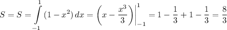 S=\displaystyle S= \int\limits^1_{-1} {(1-x^2)} \, dx =\bigg(x- \frac{x^3}{3}\bigg)\bigg|^1_{-1}=1- \frac{1}{3} +1- \frac{1}{3} = \frac{8}{3}