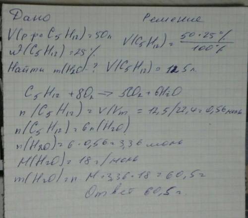 Сколько граммов воды образуется при сжигании 50 л раствора, содержащего 25% пентана