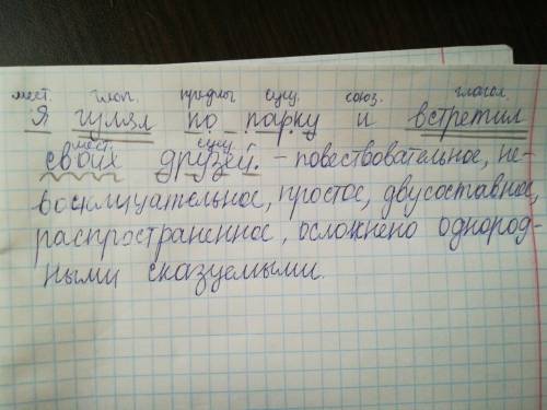 Синтанксическиы разбор предложения сделайте : я гулял по парку и встретил своих друзей