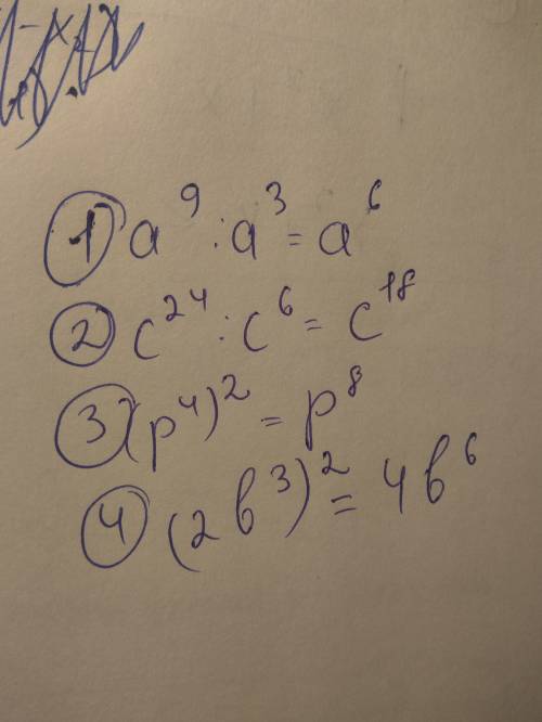 Выполните действия 1) а^9: а^3 2) с^24: с^6 3) (р^4)^2 4) (2b^3)^2