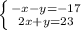 \left \{ {{- x - y = - 17} \atop {2x + y = 23}} \right.