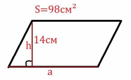 Площадь параллелограмма равна 98 см^2,а одна из его высот - 14 см.найдите сторону параллелограмма,к
