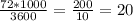 \frac{72*1000}{3600} = \frac{200}{10} = 20