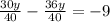 \frac{30y}{40}- \frac{36y}{40}=-9