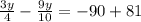 \frac{3y}{4}- \frac{9y}{10}=-90+81