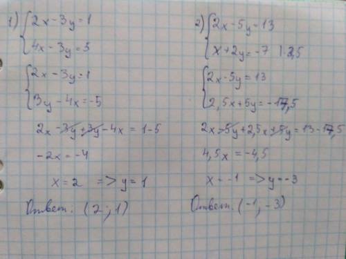 Решите систему уравнений сложения а) 2x-3y=1 4x-3y=5 б) 2x-5y=13 x+2y=-7