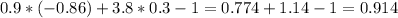 0.9*(-0.86)+3.8*0.3-1 = 0.774 + 1.14-1= 0.914