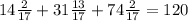 14 \frac{2}{17} + 31 \frac{13}{17} + 74 \frac{2}{17} = 120