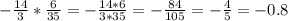 -\frac{14}{3}* \frac{6}{35} = - \frac{14*6}{3*35} = - \frac{84}{105} = - \frac{4}{5} = -0.8