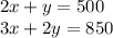 2x + y = 500 \\ 3x + 2y = 850