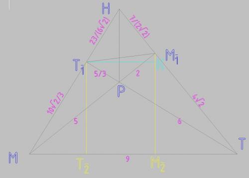 Втупоугольном треугольнике mpt: mp=5 см, pt=6 см, tm=9 см. точки m1 и т1 - основания высот, опущенны