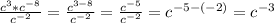 \frac{c^3 * c^{-8}}{c^{-2}} = \frac{c^{3-8}}{c^{-2}} = \frac{c^{-5}}{c^{-2}} = c^{-5-(-2)} = c^{-3}