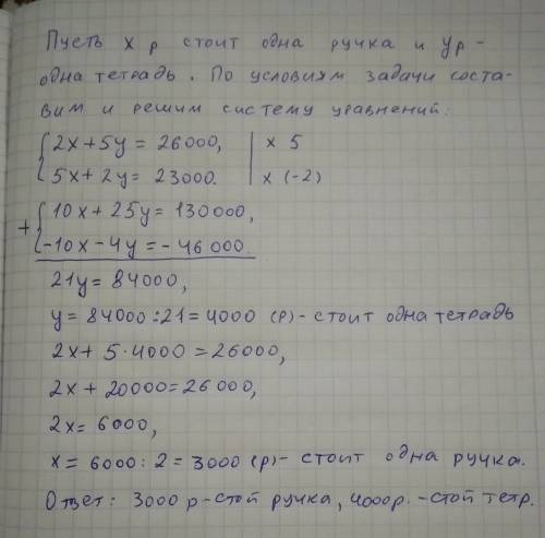 Решить ! артём купил 2 шариковых ручки и 5 тетрадей за 26000 рублей, а влад купил 5 таких же ручек и