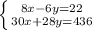 \left \{ {{8x-6y=22} \atop {30x+28y=436}} \right.