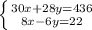 \left \{ {{30x + 28y = 436} \atop {8x-6y=22}} \right.