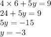 4 \times 6 + 5y = 9 \\ 24 + 5y = 9 \\ 5y = - 15 \\ y = - 3