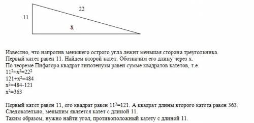 Впрямоугольном треугольнике гипотенуза равна 22 см, а один из катетов-11 см. найдите наименьший из о