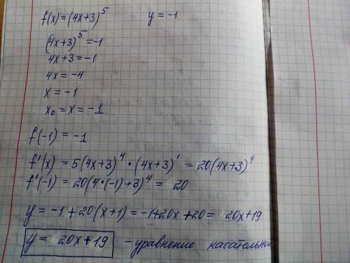 Напишите уравнение касательной к графику функции f(x)=(4x+3)^5 в точке х0, если х0-абцисса точки пер