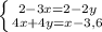 \left \{ {{2-3x=2-2y} \atop {4x+4y=x-3,6}} \right.