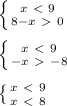 \left \{ {{x\ \textless \ 9} \atop {8-x\ \textgreater \ 0}} \right. \\\\ \left \{ {{x\ \textless \ 9} \atop {-x\ \textgreater \ -8}} \right.\\\\ \left \{ {{x\ \textless \ 9} \atop {x\ \textless \ 8}} \right.