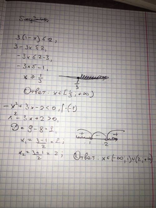 Решите неравенства с подробным ответом и решением: а) 3(1-x) меньше или равно 2 б) -x^2+3x-2 меньше