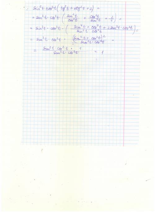Выражение : sin^2 t cos^2 (tg^2 t + ctg^2 t +2)