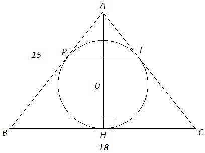 Окружность вписанная в треугольник abc, касается сторон ab и ac в точках p и t соответственно. найди