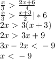 \frac{x}{3} \ \textgreater \ \frac{2x+6}{4} \\&#10; \frac{x}{3} \ \textgreater \ \frac{x+3}{2}|*6\\&#10;2x\ \textgreater \ 3(x+3)\\&#10;2x\ \textgreater \ 3x+9\\&#10;3x-2x \ \textless \ -9\\&#10;x \ \textless \ -9