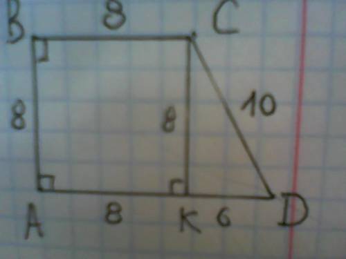 Впрямоугольной трапеции меньшее основание и меньшая боковая сторона рааны по 8 см,а большея боковая