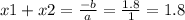 x1 + x2 = \frac{ - b}{a} = \frac{ 1.8}{ 1} = 1.8