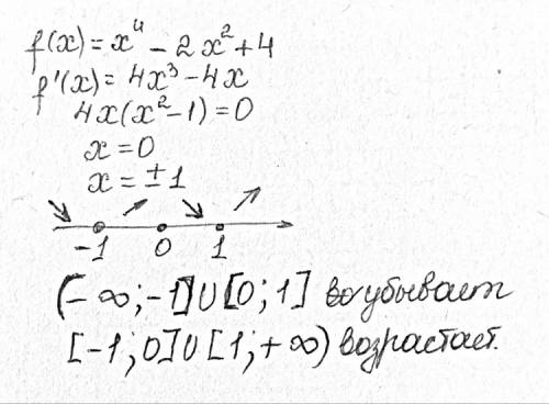 1.с производной найдите промежутки возрастания и убывания функции и экстремумы : f(x)=x^4-2x^2+4