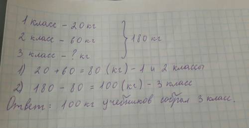 Учебники трех классов собрали 180 кг макулатуры второй класс собрал. 60 кг первый 20 кг сколько кило