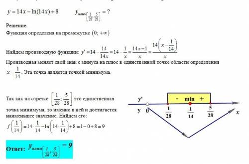 Наименьшее значение функции y=14x-ln(14x)+8 на отрезке [1/28; 5/28]