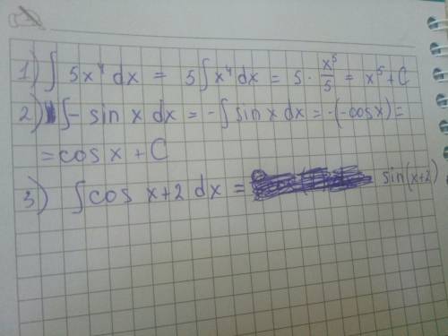 Интеграл 5x^4dx= - sin x dx= (cos x +2)dx=