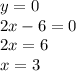 y = 0 \\ 2x - 6 = 0 \\ 2x = 6 \\ x = 3