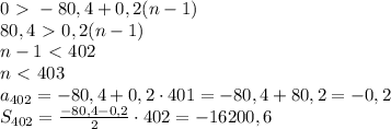 0\ \textgreater \ -80,4+0,2(n-1) \\ 80,4\ \textgreater \ 0,2(n-1) \\ n-1 \ \textless \ 402 \\ n \ \textless \ 403 \\ a_{402}= -80,4+0,2 \cdot 401 = -80,4+80,2=-0,2 \\ S_{402} = \frac{-80,4-0,2}{2} \cdot 402 = -16200,6