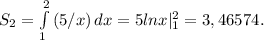 S_2 = \int\limits^2_1 {(5/x)} \, dx =5lnx|_1^2=3,46574.