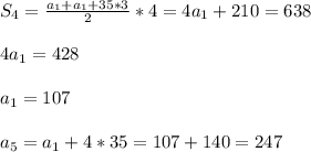 S_4 = \frac{a_1+a_1+35*3}{2} *4=4a_1+210 = 638\\\\ 4a_1=428\\\\ a_1=107\\\\ a_5=a_1+4*35=107+140=247