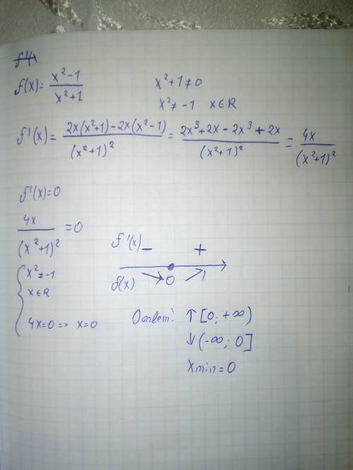 Найдите промежутки возрастания и убывания и точки экстремума функции f(x)=(x^2-1)/(x^2+1)