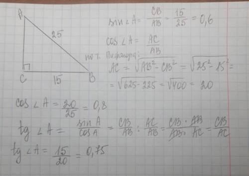 Впрямоугольном треугольнике противолежащий катет 15 см, а гипотенуза 25 см. вычислить синус, косинус