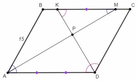 Впараллелограмме abcd биссектрисы углов а и d пересекают сторону вс в точках м и к соответственно, а