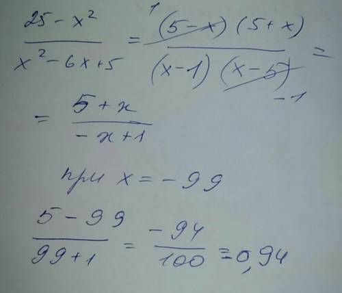 Знайдіть значення виразу 25-x^/x^-6x+5 при x=-99