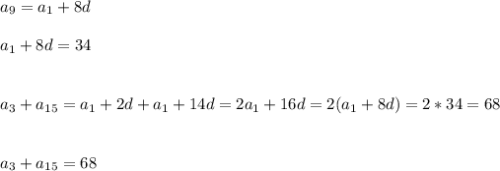 a_{9}= a_{1}+8d\\\\ a_{1}+8d=34\\\\\\ a_{3}+ a_{15}= a_{1} +2d+ a_{1}+14d=2 a_{1}+16d =2( a_{1} +8d)=2*34=68\\\\\\ a_{3} + a_{15}=68