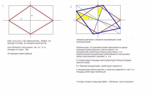 Взаданный прямоугольник вписать ромб с наибольшей площадью
