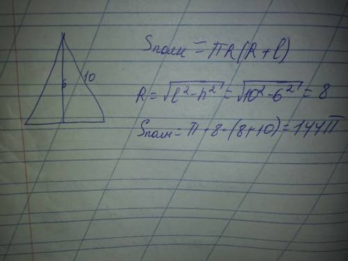 Высота конуса равна 6,образующая 10. найдите площадь его полной поверхности