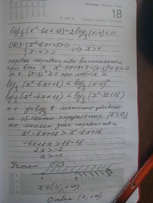 Log1/3 (x2-6x+18)-2log1/3(x-4)< 0