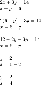 2x + 3y = 14 \\ x + y = 6 \\ \\ 2(6 - y) + 3y = 14 \\ x = 6 - y \\ \\ 12 - 2y + 3y = 14 \\ x = 6 - y \\ \\ y = 2 \\ x = 6 - 2 \\ \\ y = 2 \\ x = 4