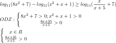 \displaystyle log_{11}(8x^2+7)-log_{11}(x^2+x+1) \geq log_{11}( \frac{x}{x+5}+7)\\\\ODZ: \left \{ {{8x^2+7\ \textgreater \ 0; x^2+x+1\ \textgreater \ 0} \atop { \frac{8x+35}{x+5}\ \textgreater \ 0}} \right.\\\\ \left \{ {{x\in R} \atop { \frac{8x+35}{x+5}\ \textgreater \ 0}} \right.